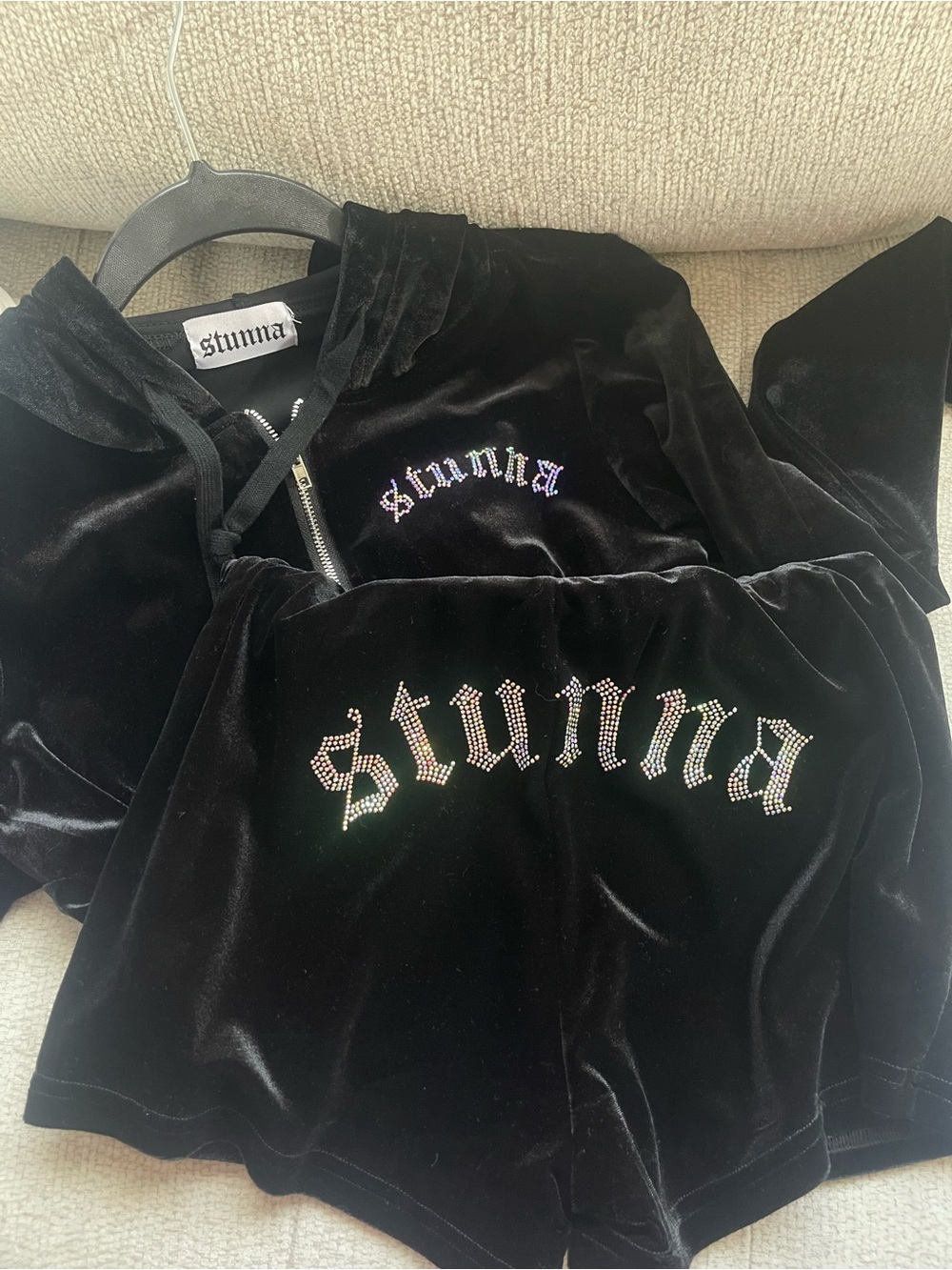 Stunna Black Velour Rhinestone Logo Hoodie & Shorts Set